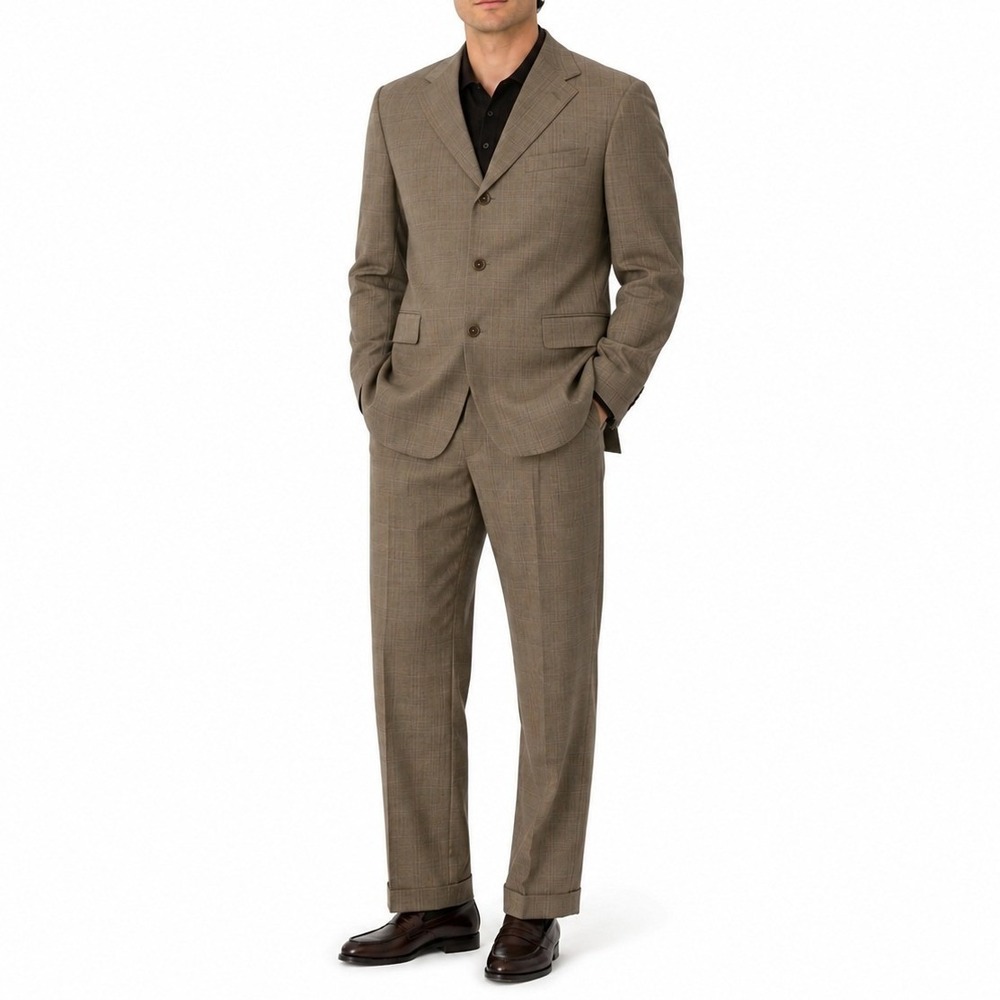 Ted Baker Plaid Wool Suit Mens 44R 34x32 Light Brown 3 Button Pleated Pants 90s - Picture 3 of 9